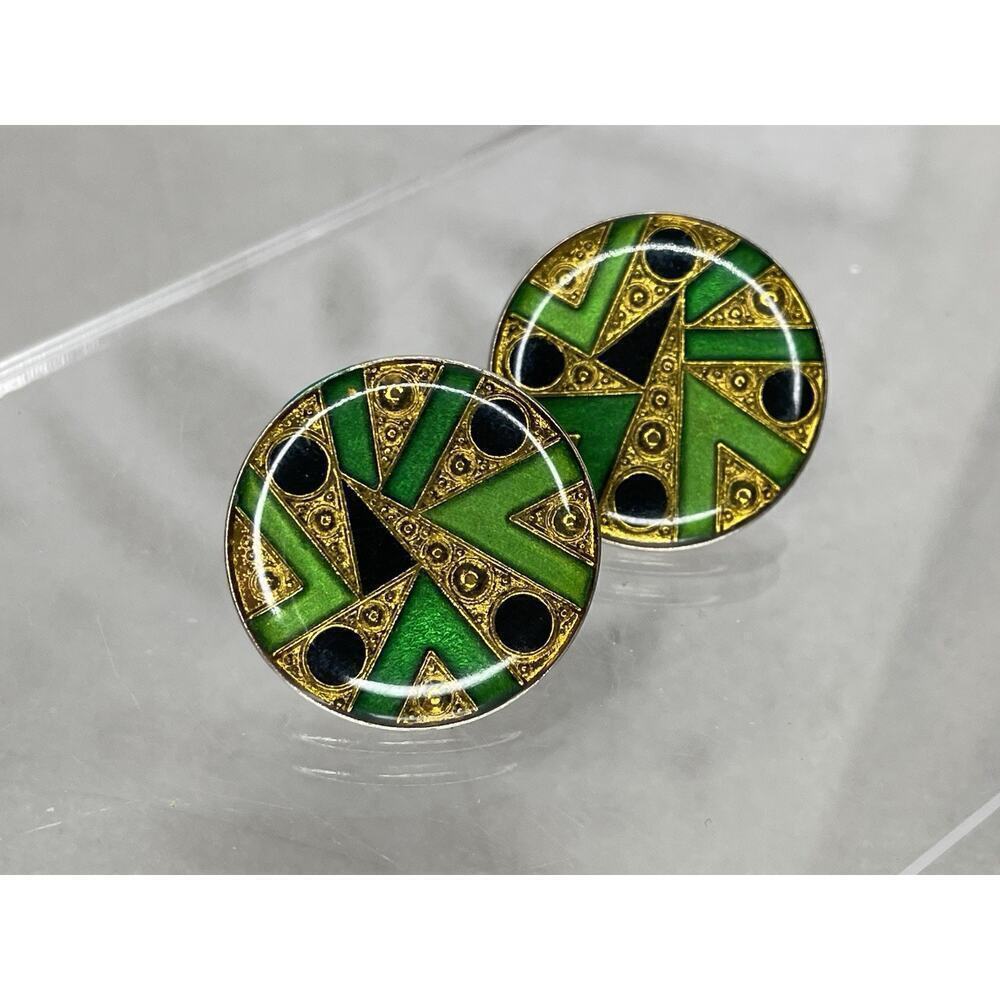 Art Deco Pierre Bex Style Enamel Earrings Large Circle Green Gold Stud Pierced